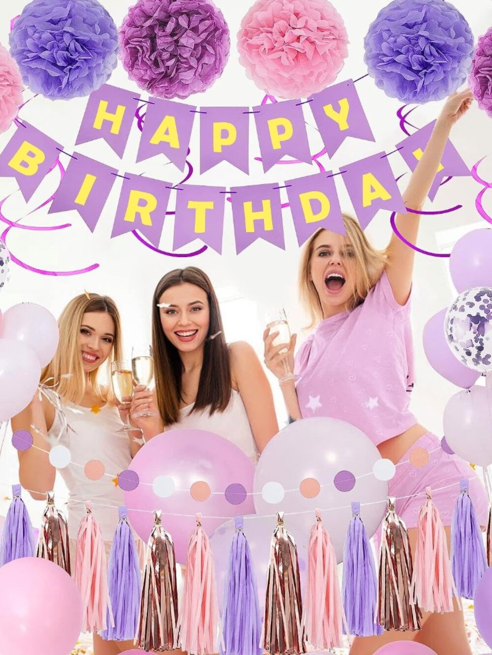 Purple Pink Birthday Party Decorations for Women Girls with Happy Birthday Banne - Picture 3 of 6